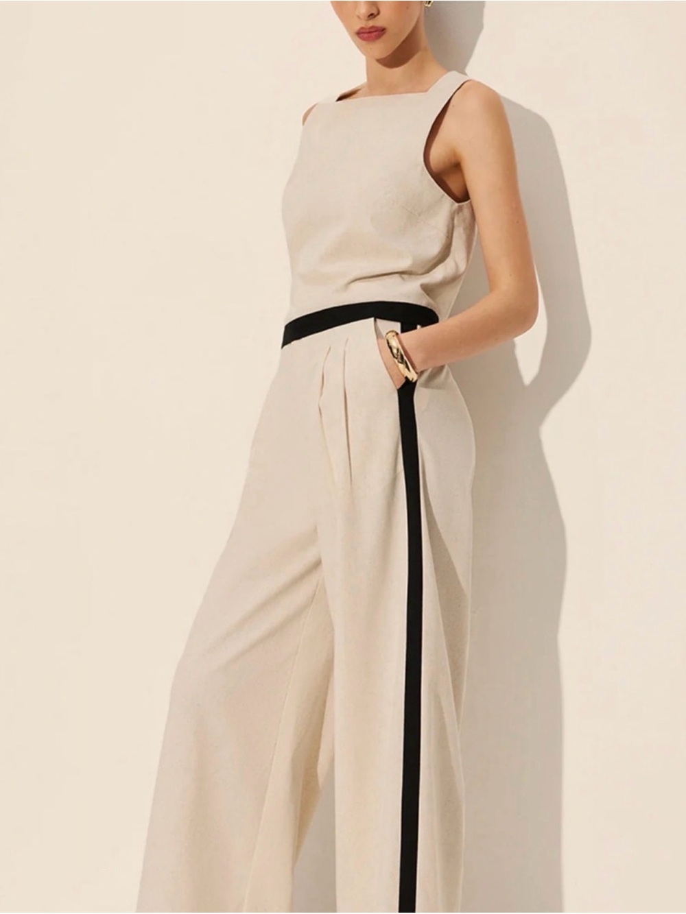 Commense Cream Wide-Leg tank and pant set with Black Trim